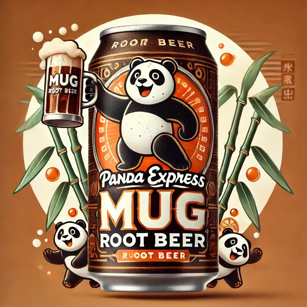 A can of Panda Express Mug Root Beer featuring a rich brown color scheme with elements inspired by both brands 1024x1024
