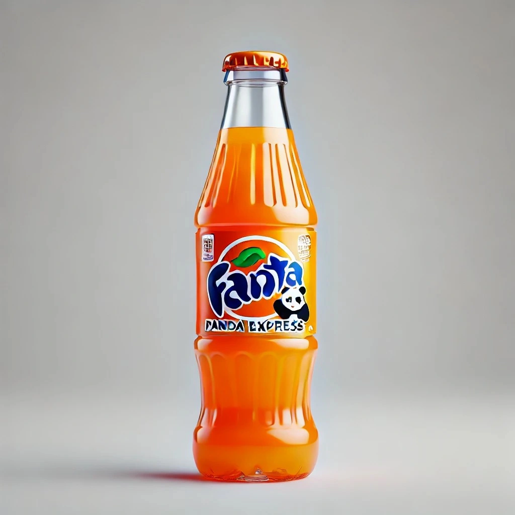 A glass bottle of Panda Express-themed Fanta Orange soda, designed with a similar style to the classic Fanta bottle 1024x1024