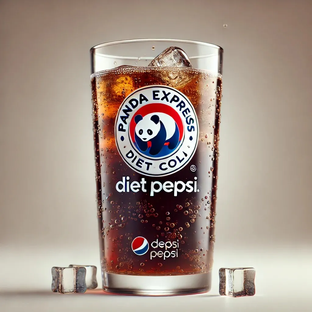 A glass of Panda Express Diet Pepsi, filled with fizzy, dark cola and topped with ice cubes 1024x1024