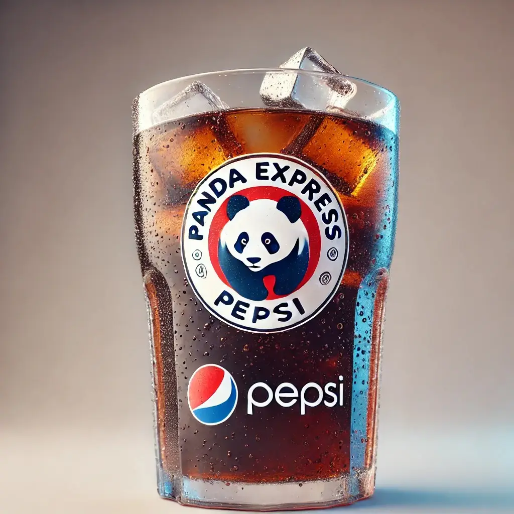 A glass of Panda Express Pepsi, filled with dark, fizzy cola and topped with ice cubes 1024x1024