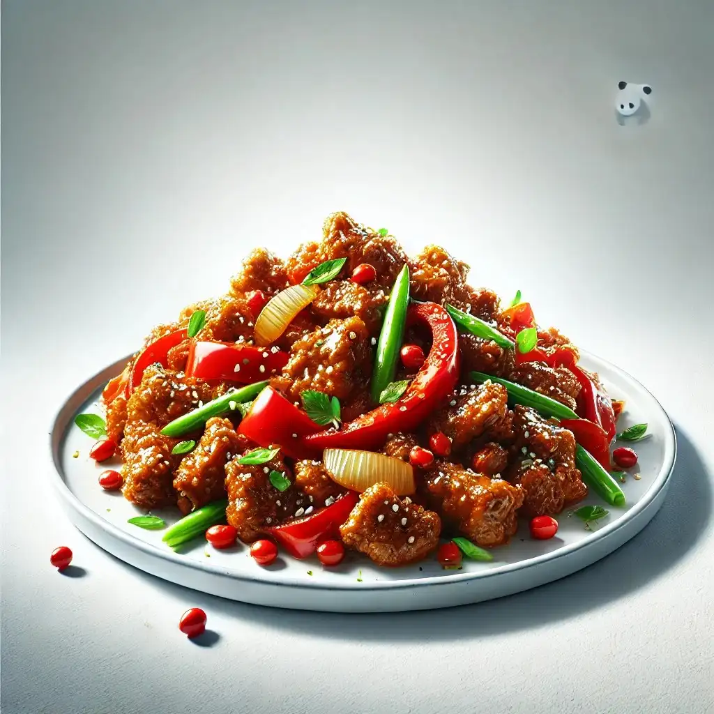 A realistic and appetizing image of Panda Express' Beijing Beef served on a clean white plate 1024x1024.