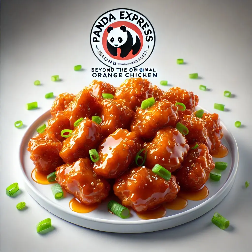 A realistic and appetizing image of Panda Express' Beyond The Original Orange Chicken served on a clean white plate 1024x1024.