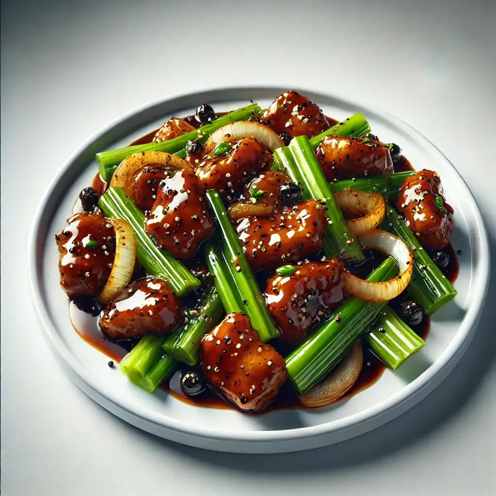A realistic and appetizing image of Panda Express' Black Pepper Chicken served on a clean white plate 1024x1024.