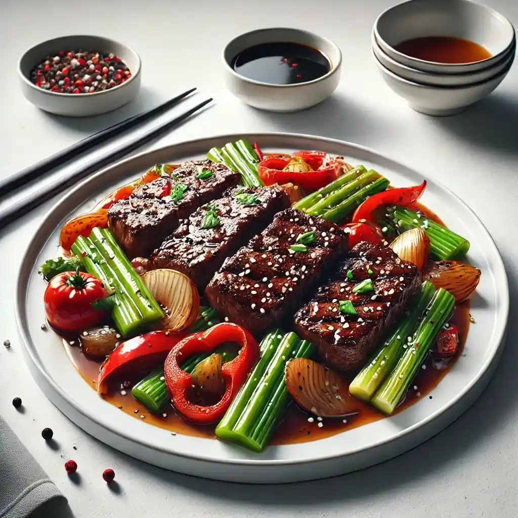 A realistic and appetizing image of Panda Express' Black Pepper Sirloin Steak 1024x1024.