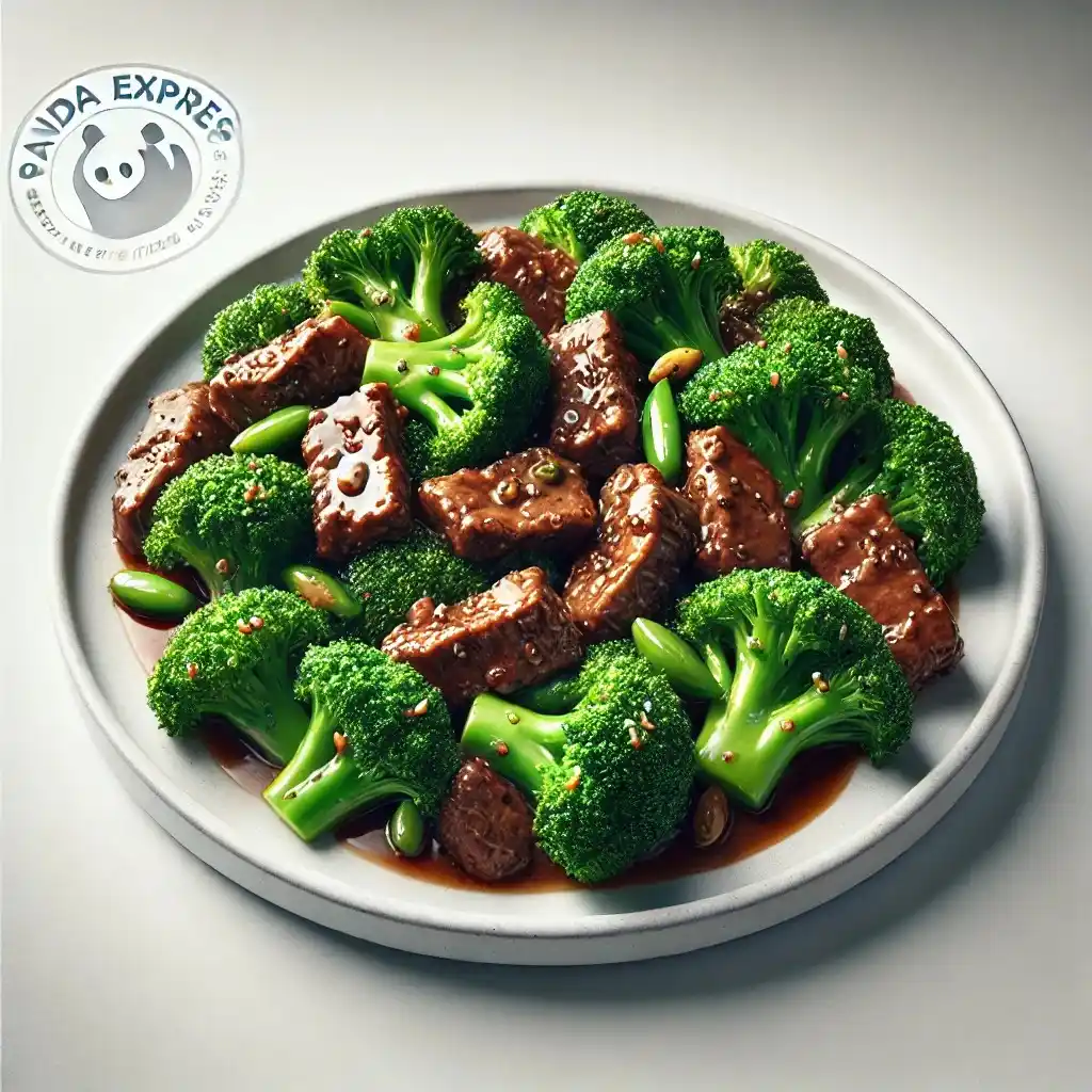 A realistic and appetizing image of Panda Express' Broccoli Beef served on a clean white plate 1024x1024.