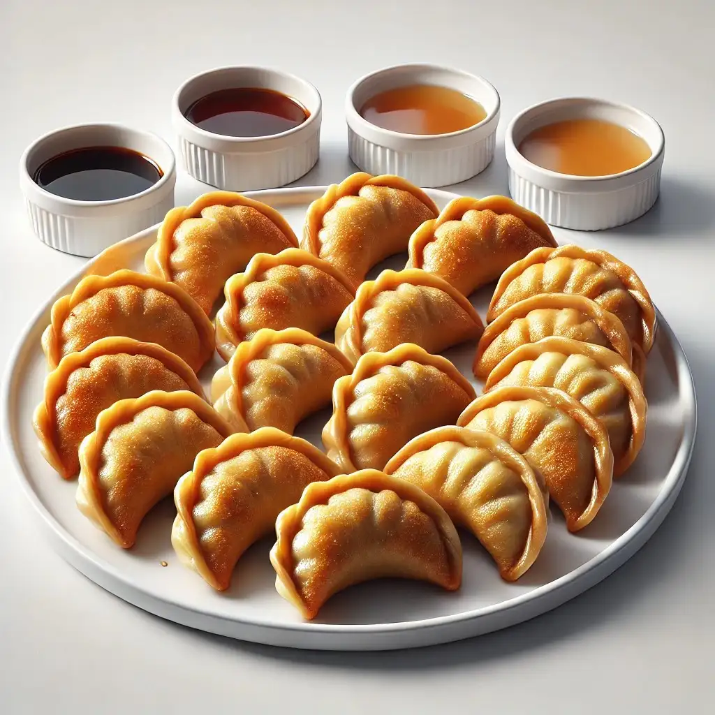 A realistic and appetizing image of Panda Express Chicken Potstickers arranged on a clean white plate 1024x1024.