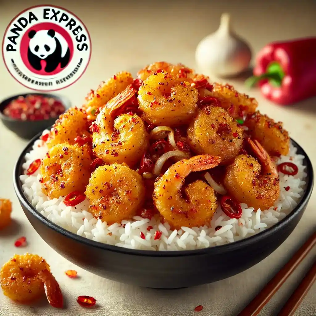 A realistic and appetizing image of Panda Express' Chili Crisp Shrimp served in a black bowl filled with white steamed rice 1024x1024.