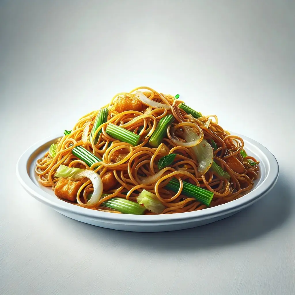 A realistic and appetizing image of Panda Express' Chow Mein served on a clean white plate 1024x1024.