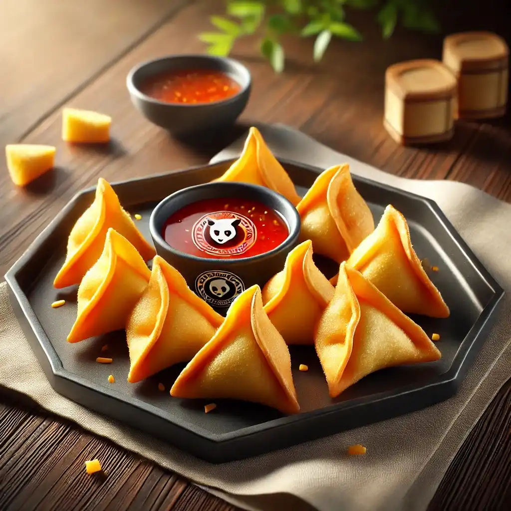 A realistic and appetizing image of Panda Express Cream Cheese Rangoons displayed on a dark serving plate 1024x1024.