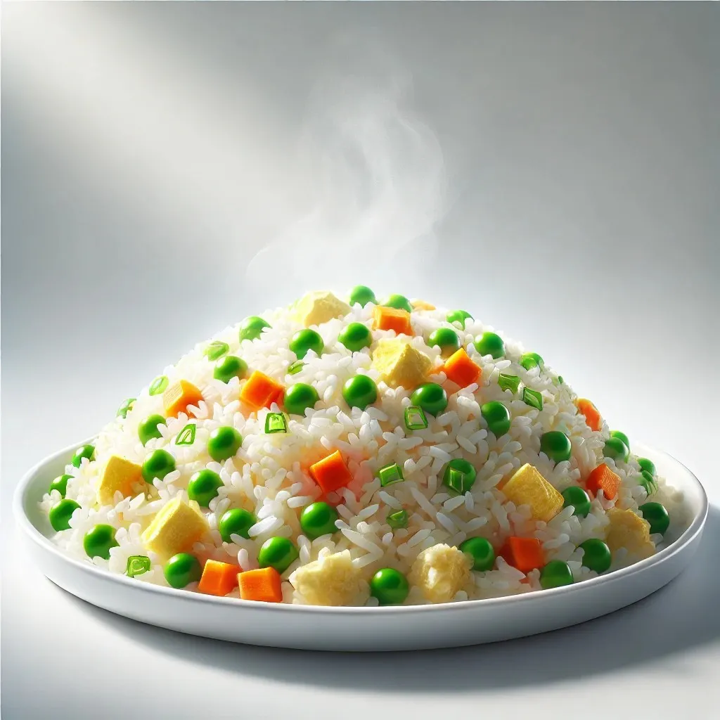 A realistic and appetizing image of Panda Express' Fried Rice served on a clean white plate 1024x1024.