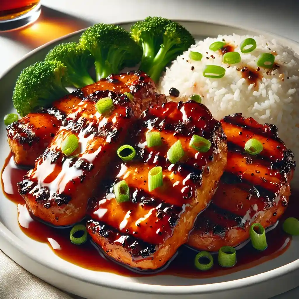 A realistic and appetizing image of Panda Express' Grilled Teriyaki Chicken served on a clean white plate 1024x1024.