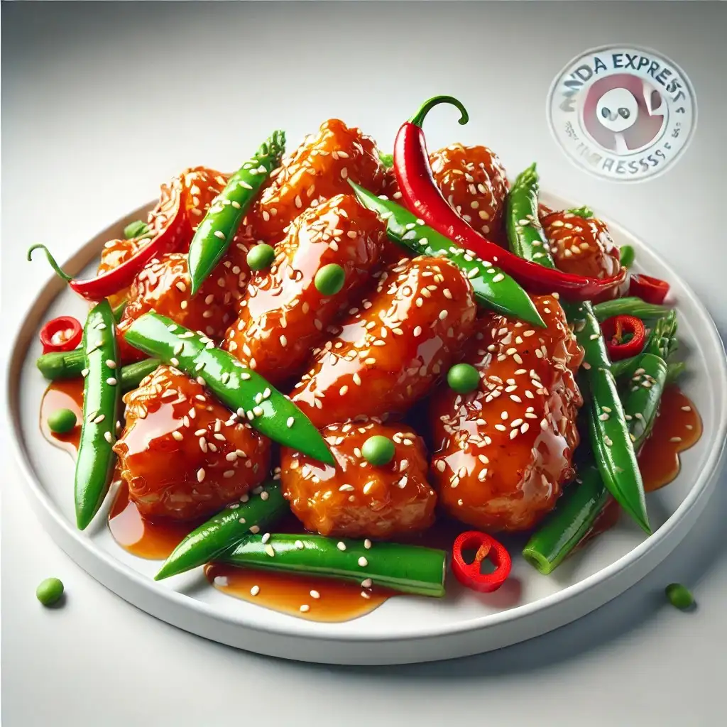 A realistic and appetizing image of Panda Express' Honey Sesame Chicken Breast served on a clean white plate 1024x1024.