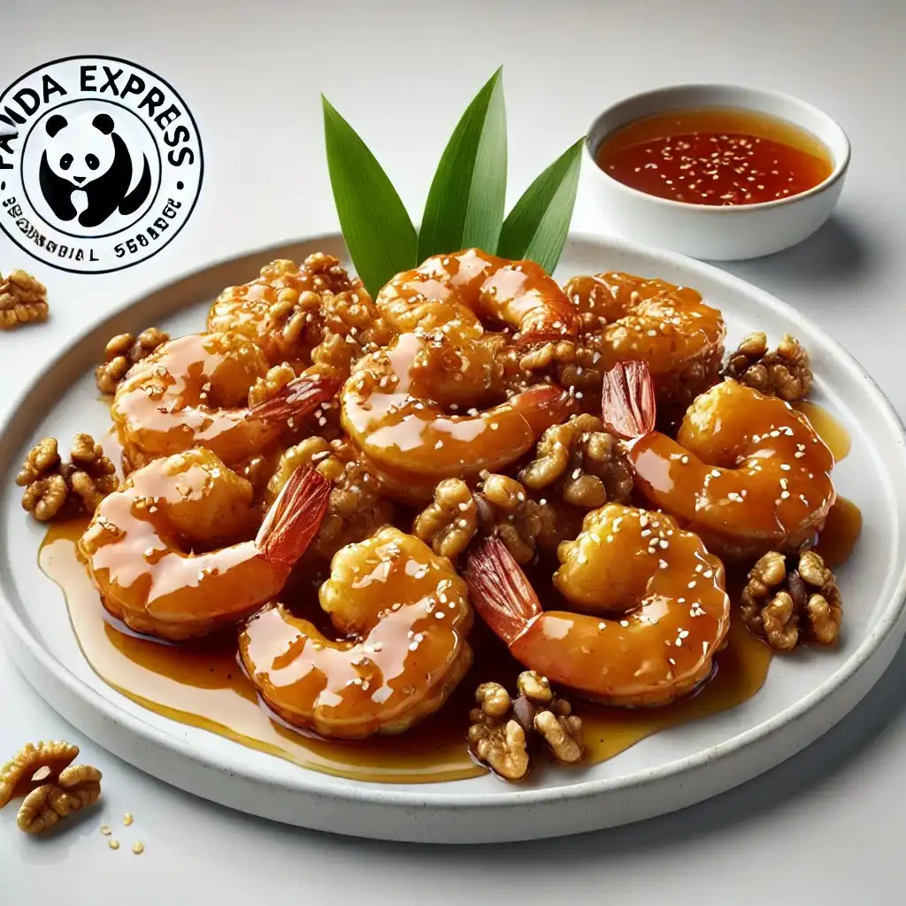 A realistic and appetizing image of Panda Express' Honey Walnut Shrimp served on a clean white plate 1024x1024.