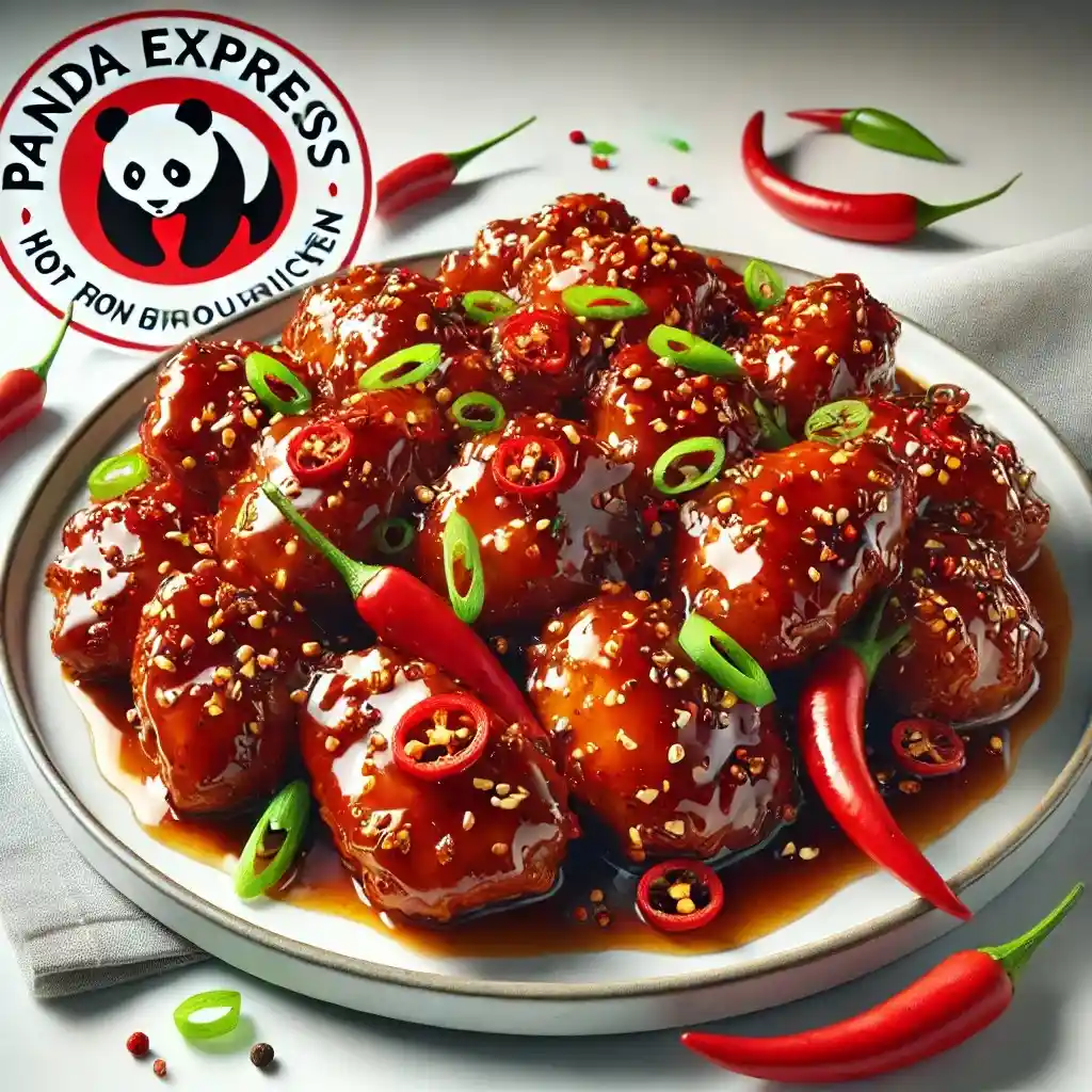 A realistic and appetizing image of Panda Express' Hot Ones Blazing Bourbon Chicken served on a clean white plate 1024x1024.