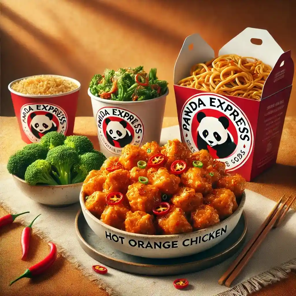 A realistic and appetizing image of Panda Express' Hot Orange Chicken, served in a white bowl filled with crispy chicken pieces 1024x1024.
