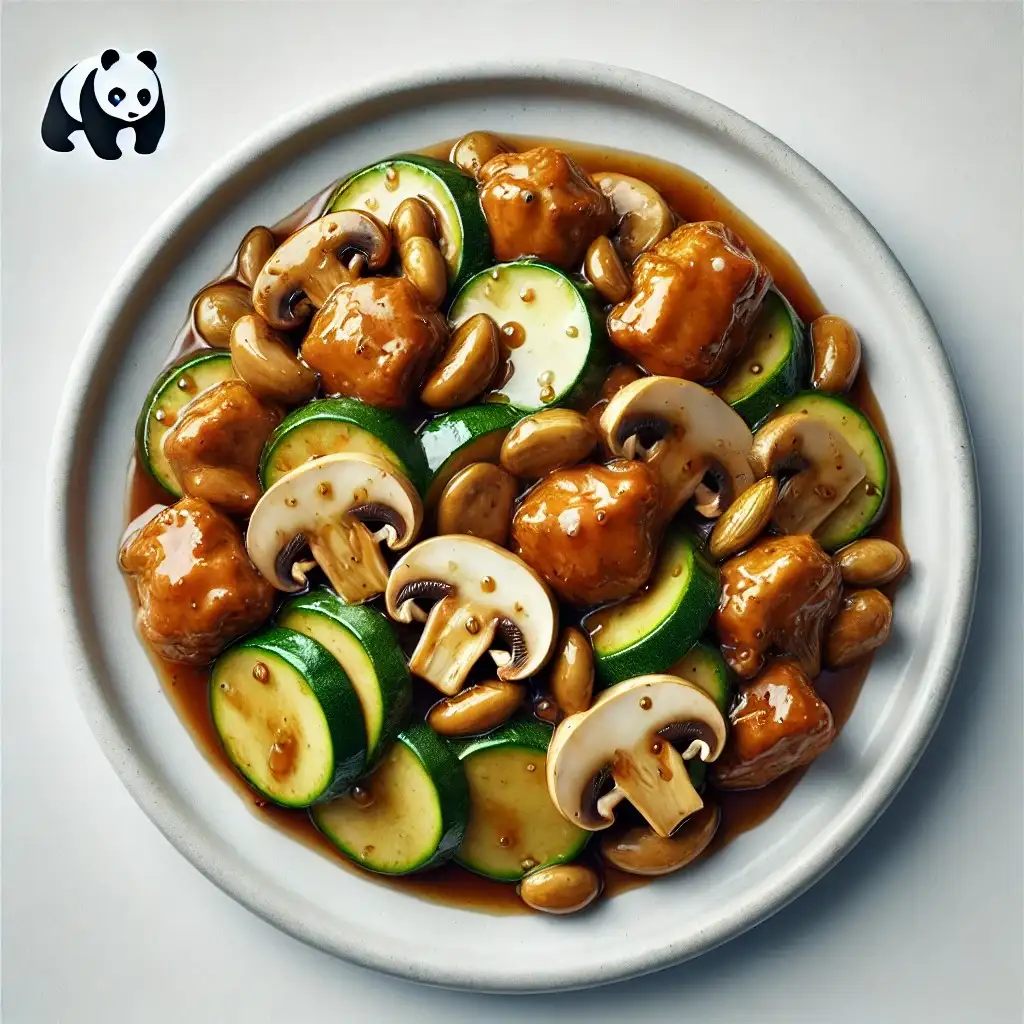 A realistic and appetizing image of Panda Express' Mushroom Chicken served on a clean white plate 1024x1024.