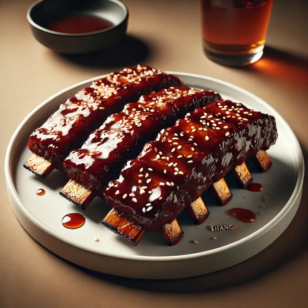 A realistic and appetizing image of Panda Express' Shanghai Boneless Ribs served on a clean white plate 1024x1024.
