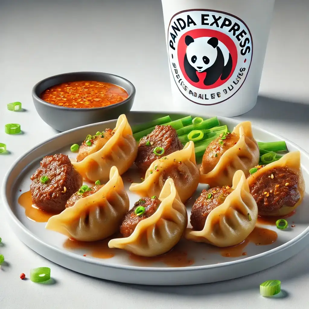A realistic and appetizing image of Panda Express' Spicy Wagyu Beef Dumplings served on a clean white plate 1024x1024.