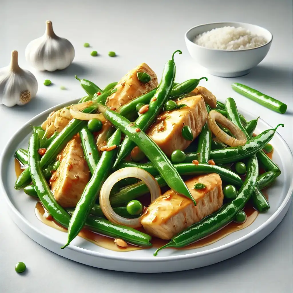 A realistic and appetizing image of Panda Express' String Bean Chicken Breast served on a clean white plate 1024x1024.