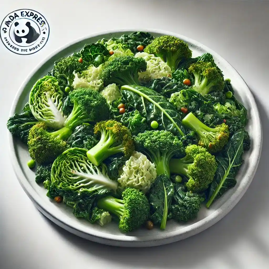 A realistic and appetizing image of Panda Express' Super Greens served on a clean white plate 1024x1024.