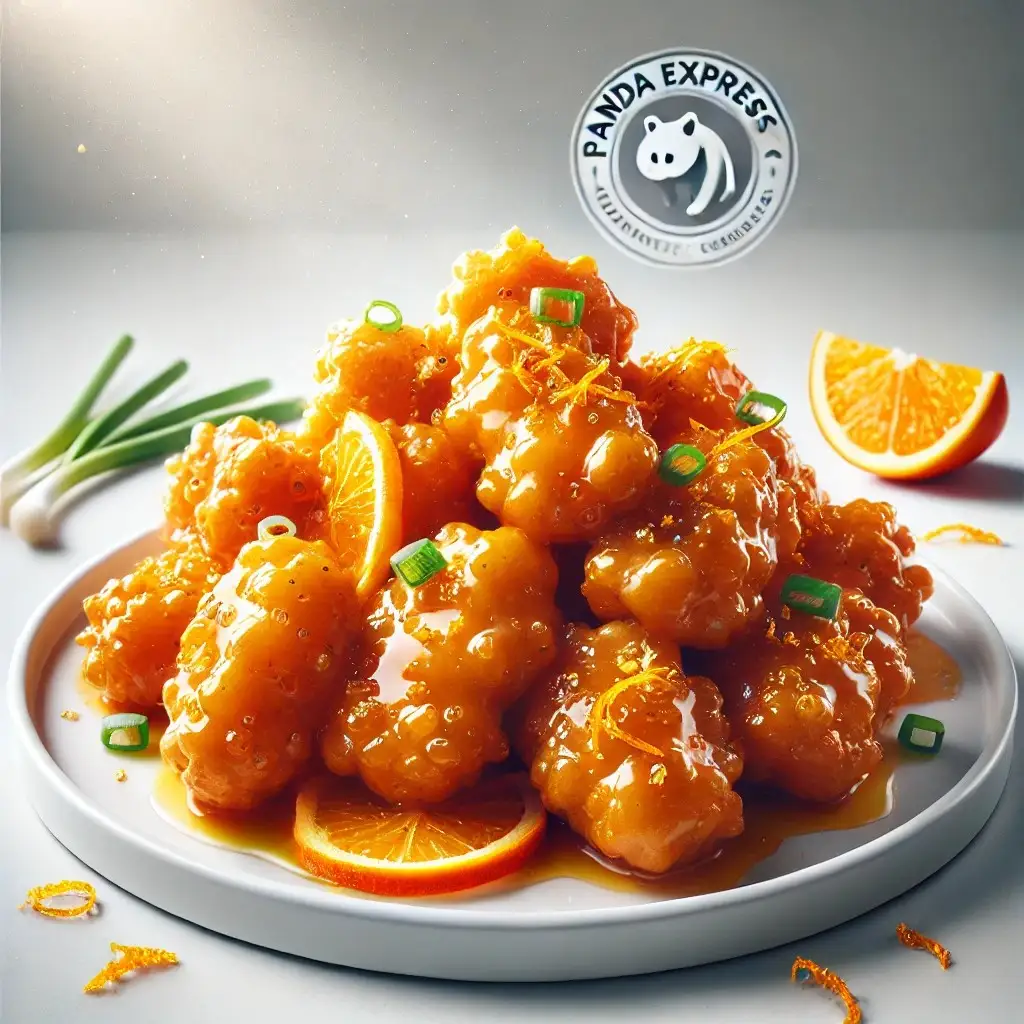 A realistic and appetizing image of Panda Express' The Original Orange Chicken served on a clean white plate 1024x1024.