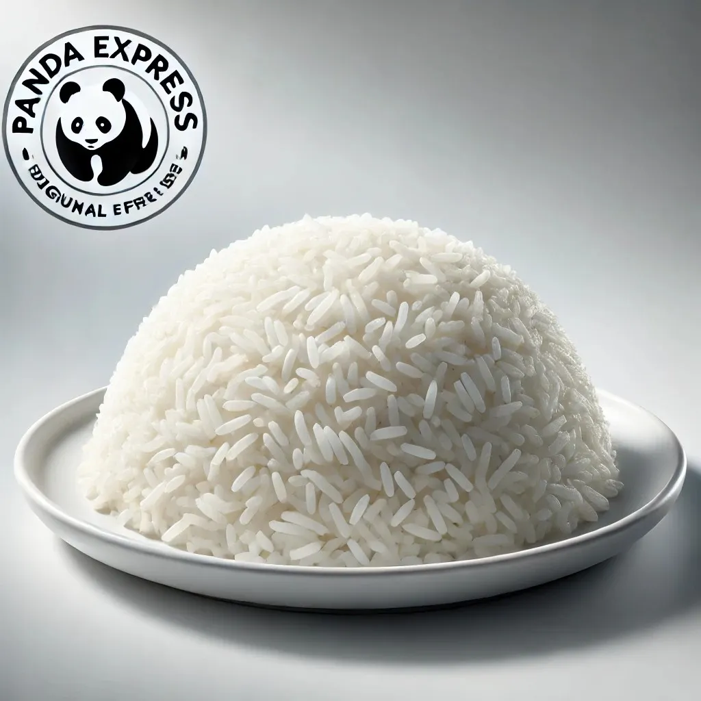 A realistic and appetizing image of Panda Express' White Steamed Rice served on a clean white plate 1024x1024.