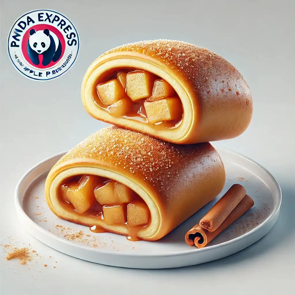 A realistic and appetizing image of two Panda Express Apple Pie Rolls displayed on a clean white plate.1024x1024