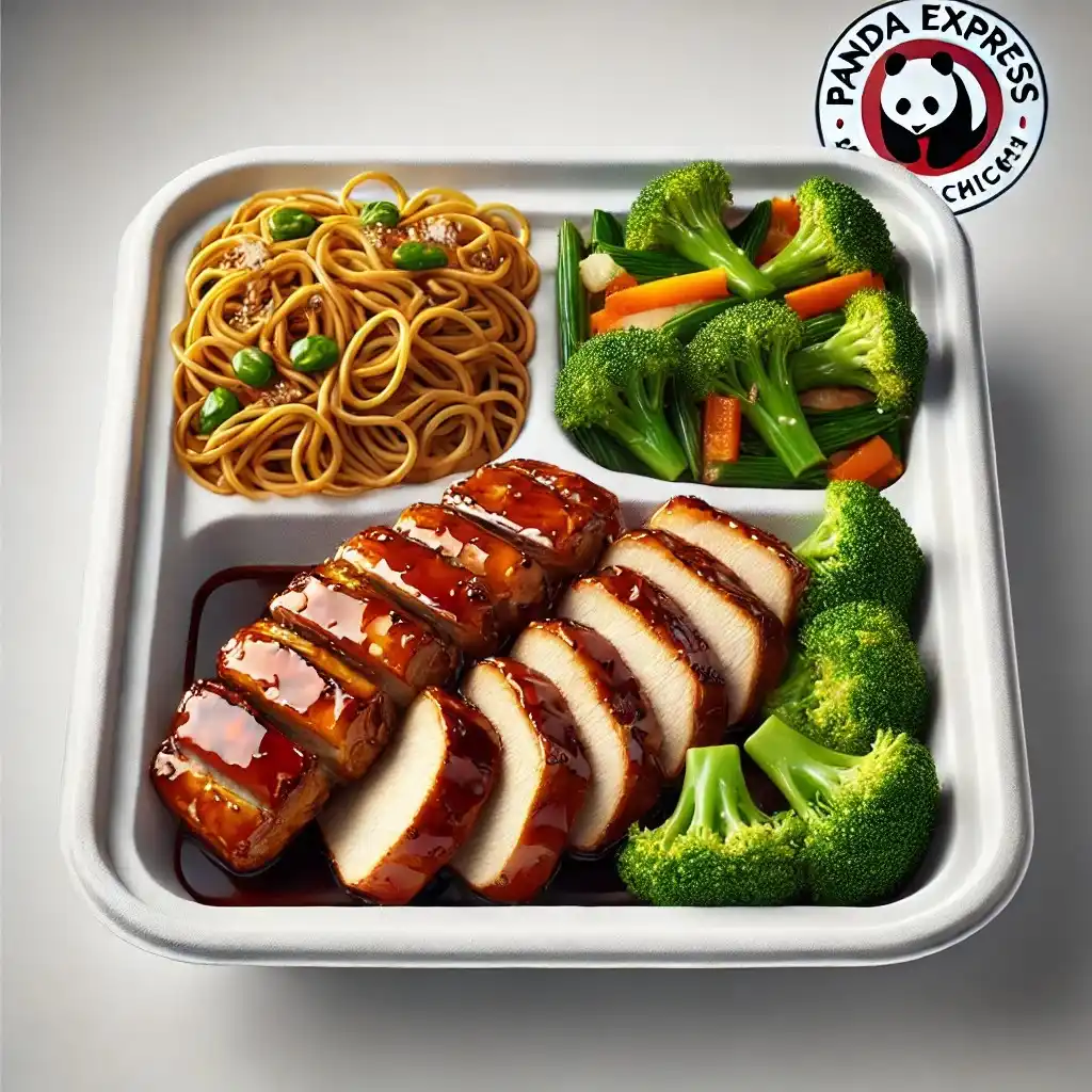 A realistic and clean image of a Panda Express Panda Cub Meal featuring grilled teriyaki chicken, chow mein noodles, and steamed broccoli 1024x1024.