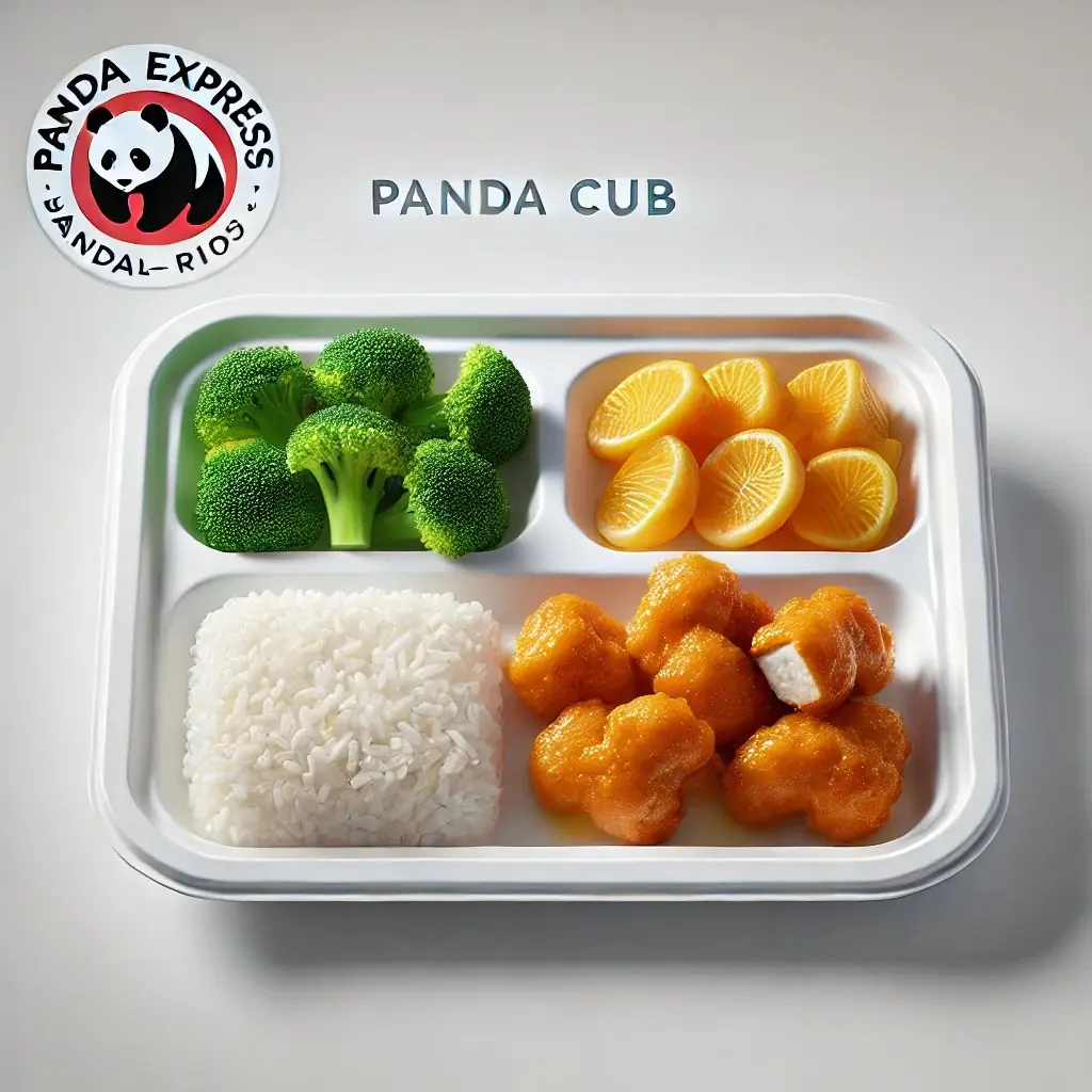 A realistic and minimalistic image of a Panda Express Orange Chicken Panda Cub Meal™ 1024x1024