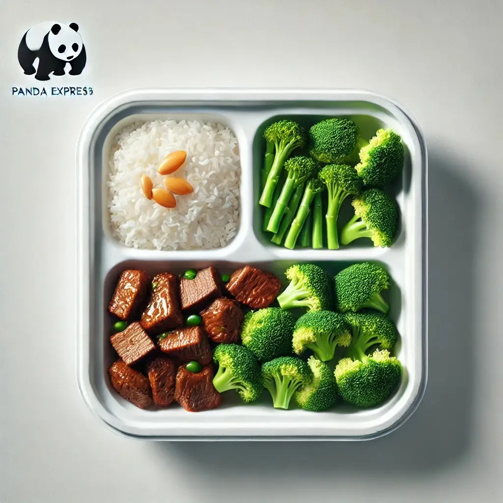 A realistic and minimalistic image of a Panda Express Panda Cub Meal featuring broccoli beef, steamed white rice, and steamed broccoli 1024x1024.