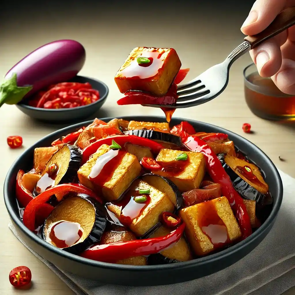 A realistic and vibrant image of Panda Express' Eggplant Tofu served in a black bowl 1024x1024.