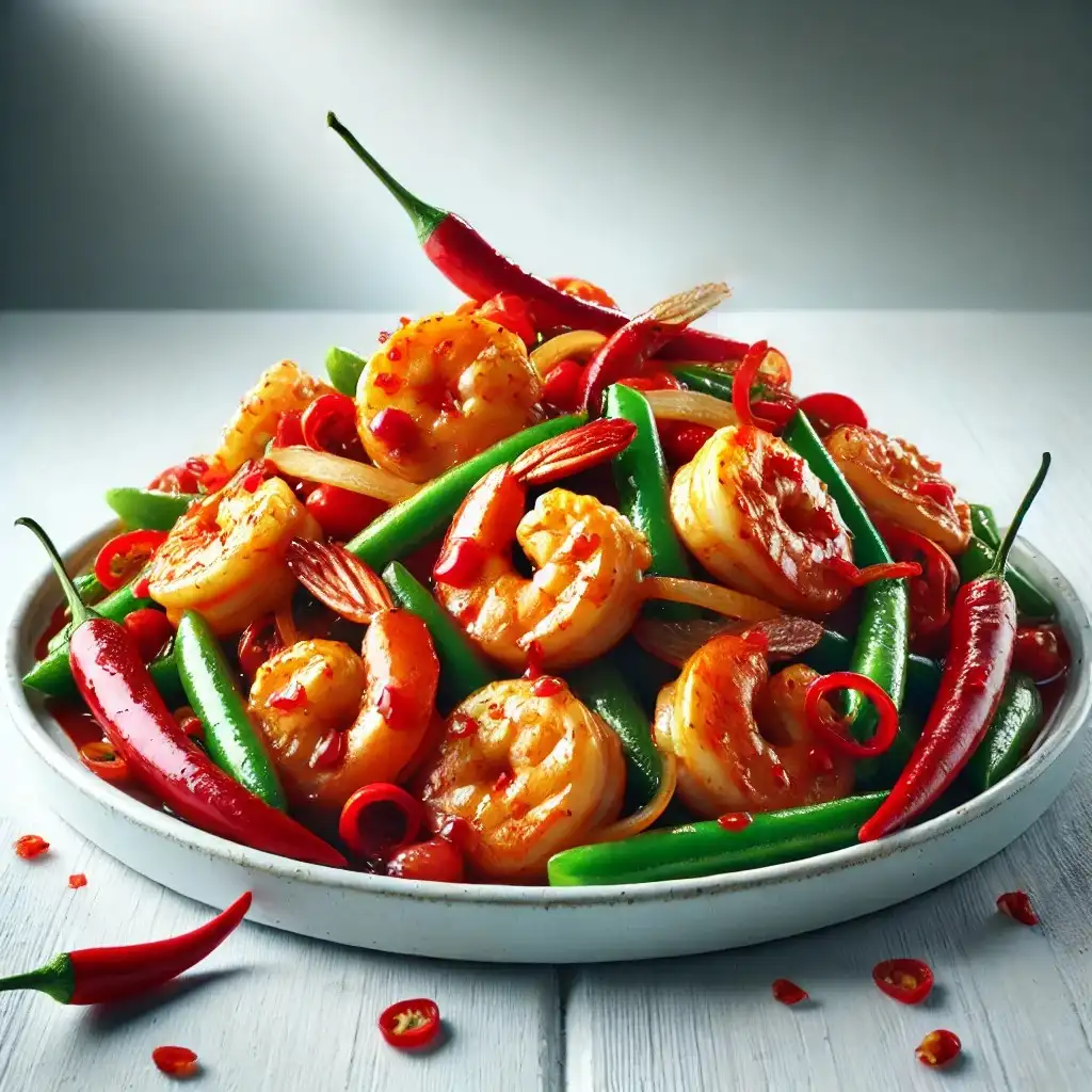 A realistic and vibrant image of Panda Express' Firecracker Shrimp served on a clean white plate 1024x1024.