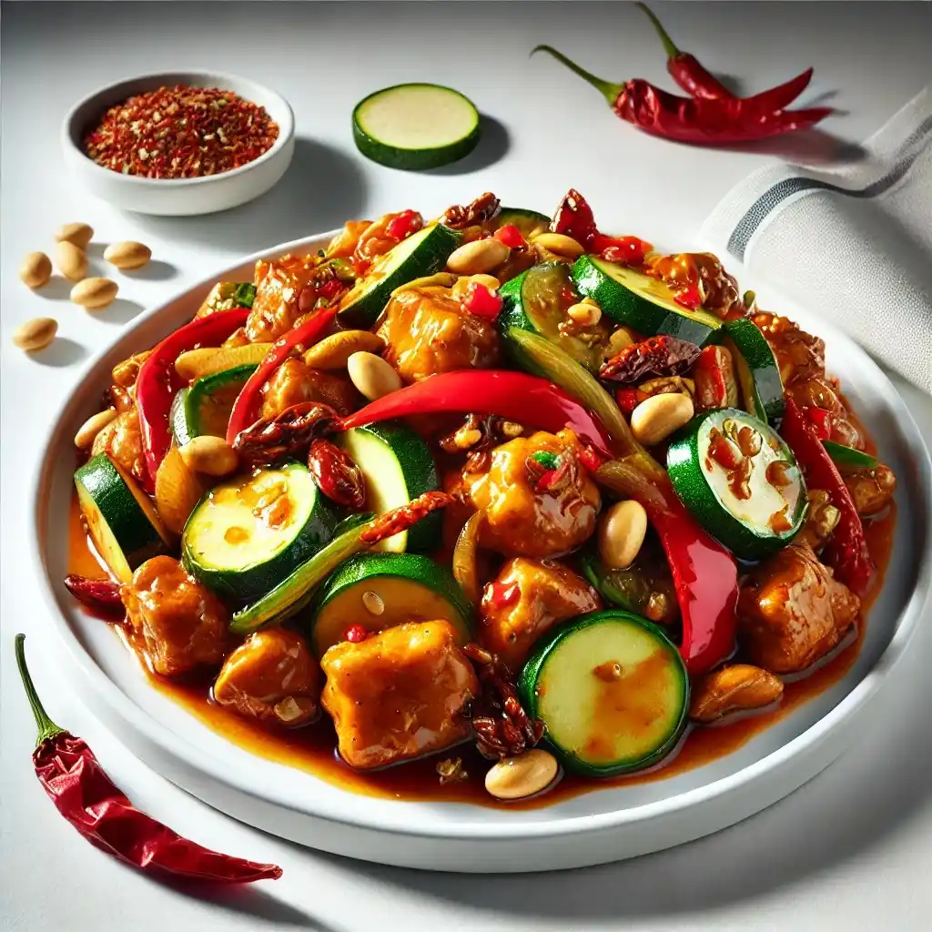 A realistic and vibrant image of Panda Express' Kung Pao Chicken served on a clean white plate 1024x1024.
