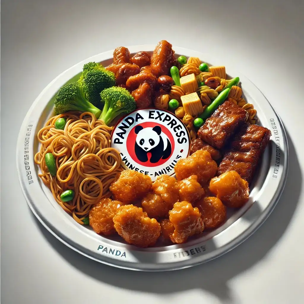 A realistic image of a Panda Express plate featuring a variety of classic Chinese 1024x1024