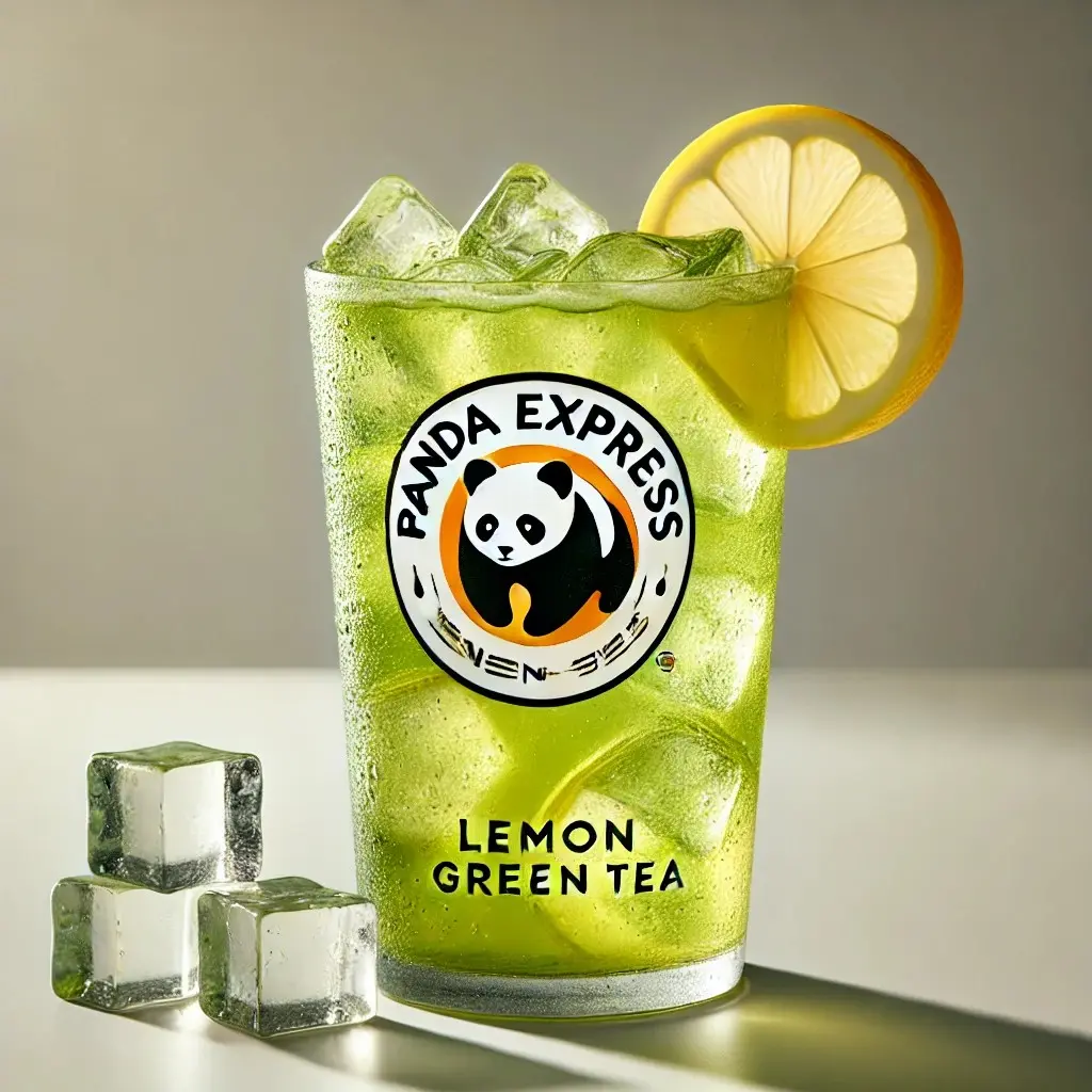 A refreshing glass of Panda Express Lemon Green Tea, served with ice cubes and a slice of lemon on the rim of the glass 1024x1024