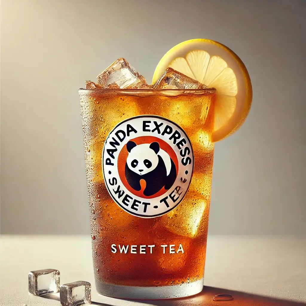 A refreshing glass of Panda Express Sweet Tea, served with ice cubes and a subtle amber-brown color, showcasing its sweet and rich tea flavor 1024x1024