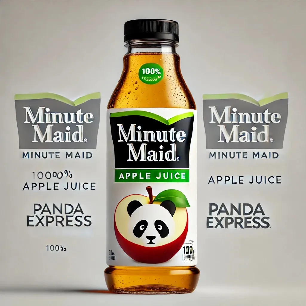 A sleek 12oz Minute Maid Apple Juice bottle inspired by the original design, featuring Panda Express branding 1024x1024