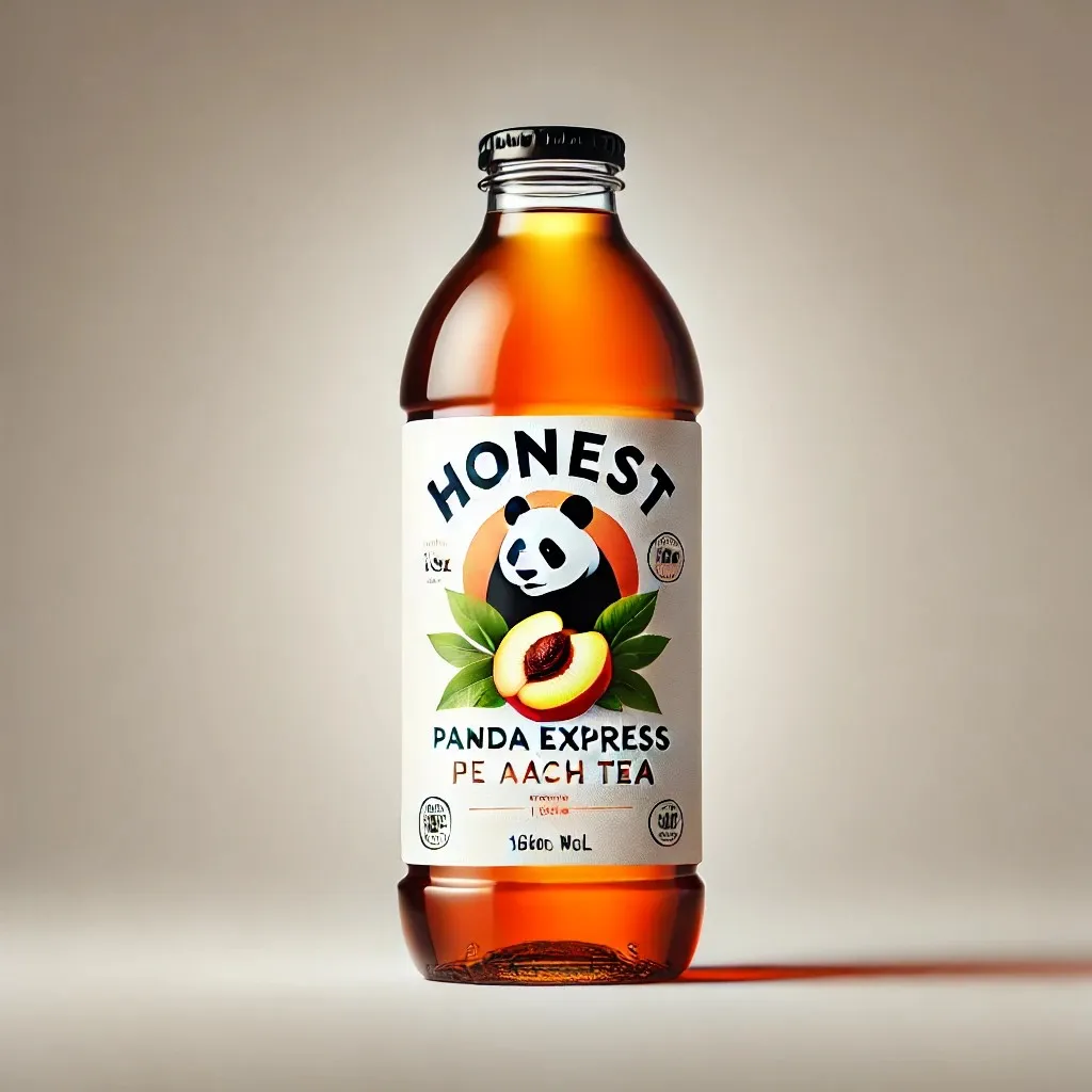 A sleek 16oz bottle of Honest Peach Tea inspired by the original design, featuring Panda Express branding 1024x1024