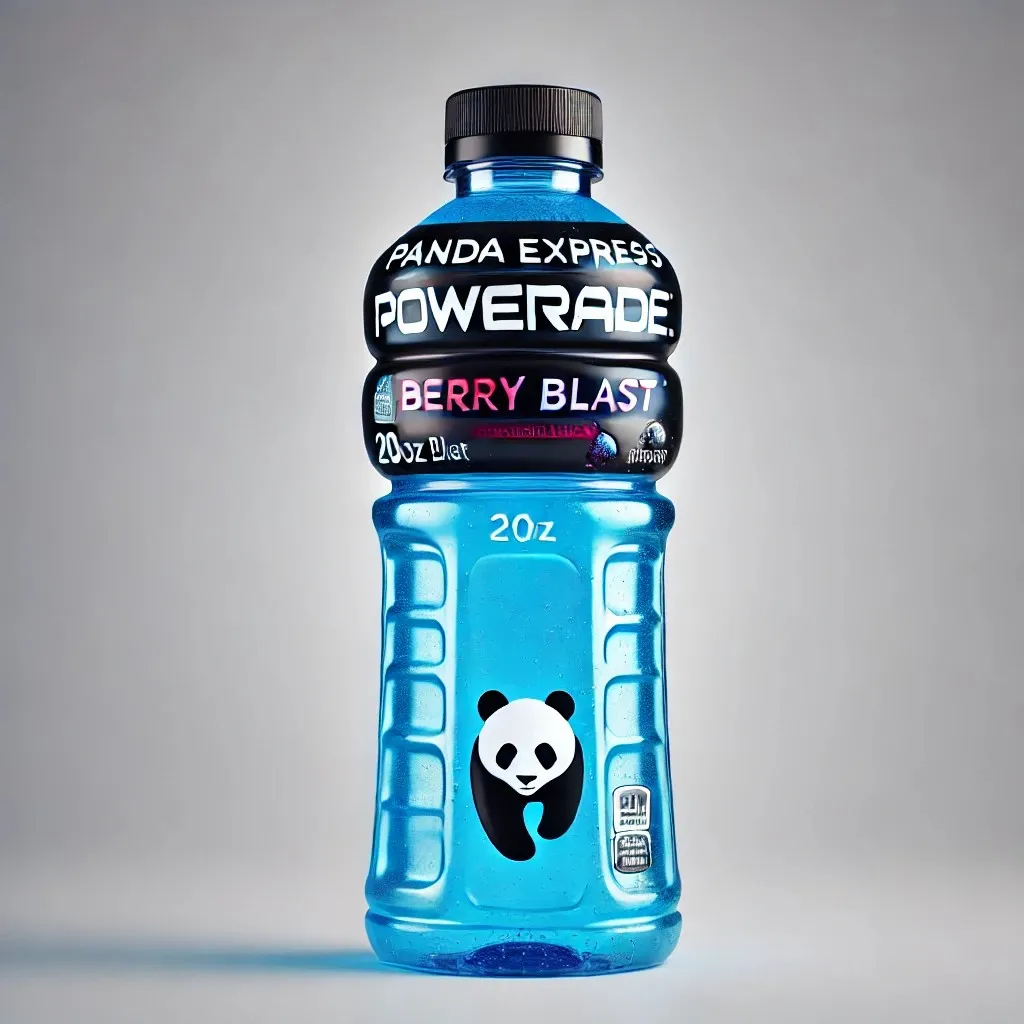 A sleek 20oz bottle of Powerade Berry Blast inspired by the original design, featuring Panda Express branding 1024x1024