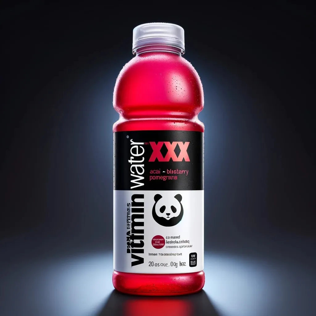 A sleek 20oz bottle of Vitamin Water XXX inspired by the original design, featuring Panda Express branding 1024x1024