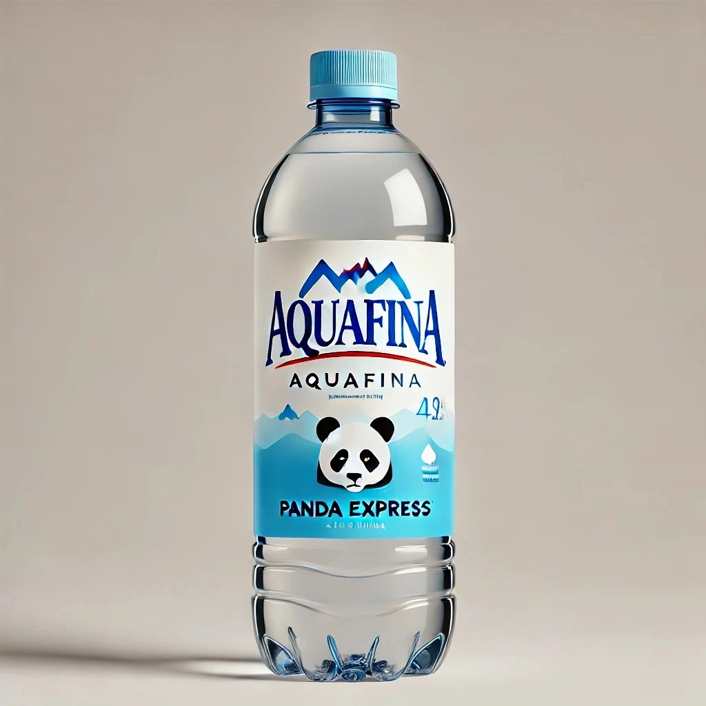 A sleek and transparent Aquafina water bottle inspired by the original design, featuring Panda Express branding 1024x1024