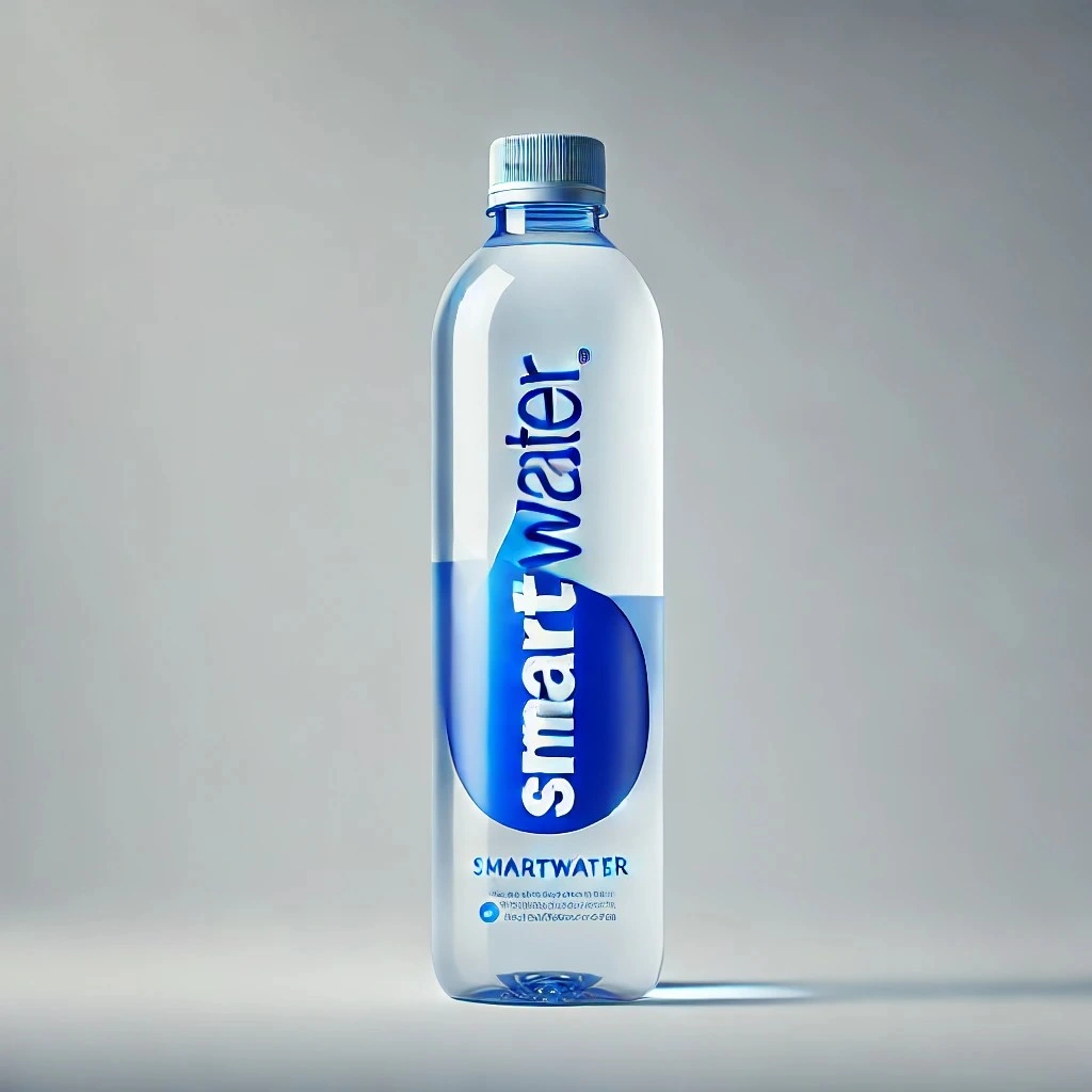 A tall, sleek Smartwater bottle with a transparent body, a blue cap, and the iconic blue 'Smartwater' logo in a clean, minimalist style 1024x1024