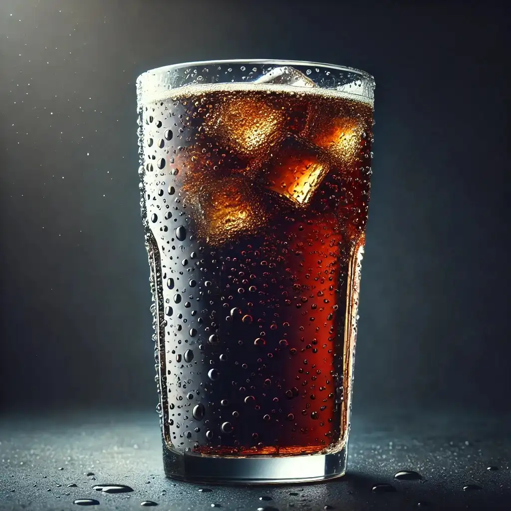 A tall, sleek glass filled with a dark, fizzy soda resembling Diet Coke 1024x1024.