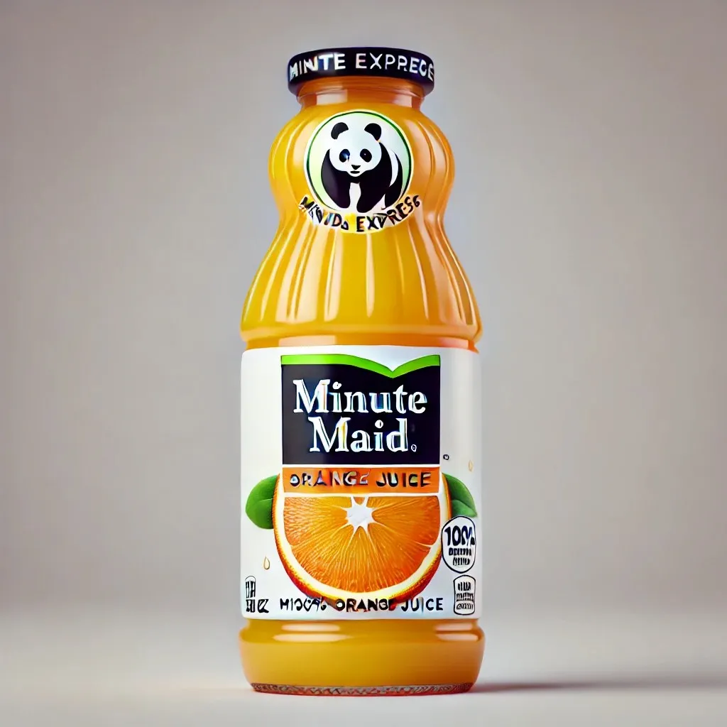 A vibrant 12oz Minute Maid Orange Juice bottle inspired by the original design, featuring Panda Express branding 1024x1024