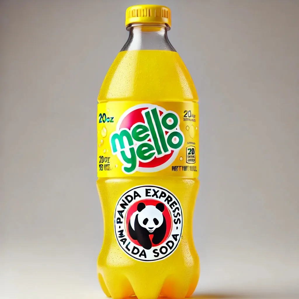 A vibrant 20oz bottle of Mello Yello inspired by the original design, featuring Panda Express branding 1024x1024