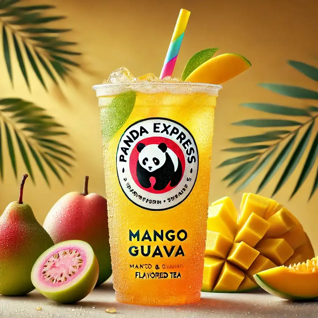 A vibrant Panda Express Mango Guava Flavored Tea served in a tall, clear glass with condensation droplets for a refreshing look 1024x1024