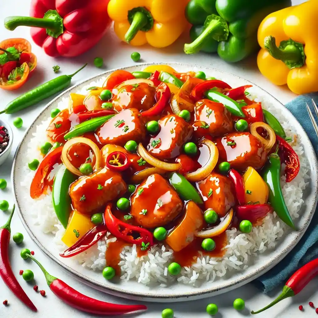 A vibrant and appetizing Panda Express Sweet and Sour Chicken Breast dish served on a plate over a bed of fluffy white rice 1024x1024.
