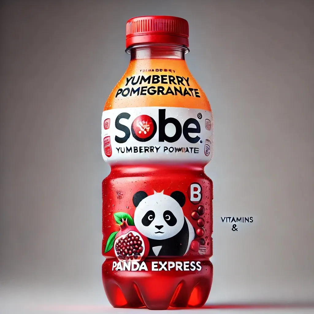 A vibrant bottle of Sobe Yumberry Pomegranate water, designed with Panda Express branding 1024x1024