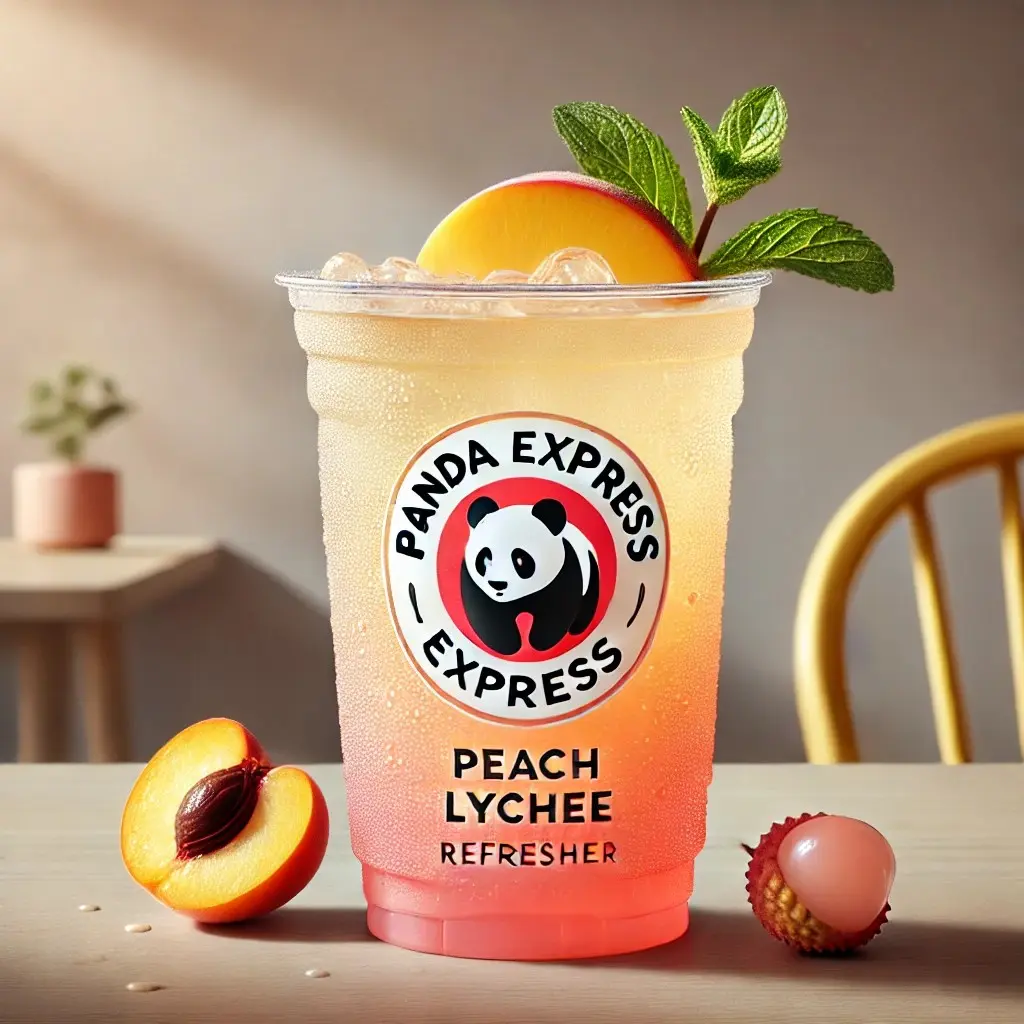 A visually appealing Panda Express Peach Lychee Flavored Refresher served in a clear plastic cup with condensation droplets for a refreshing look 1024x1024