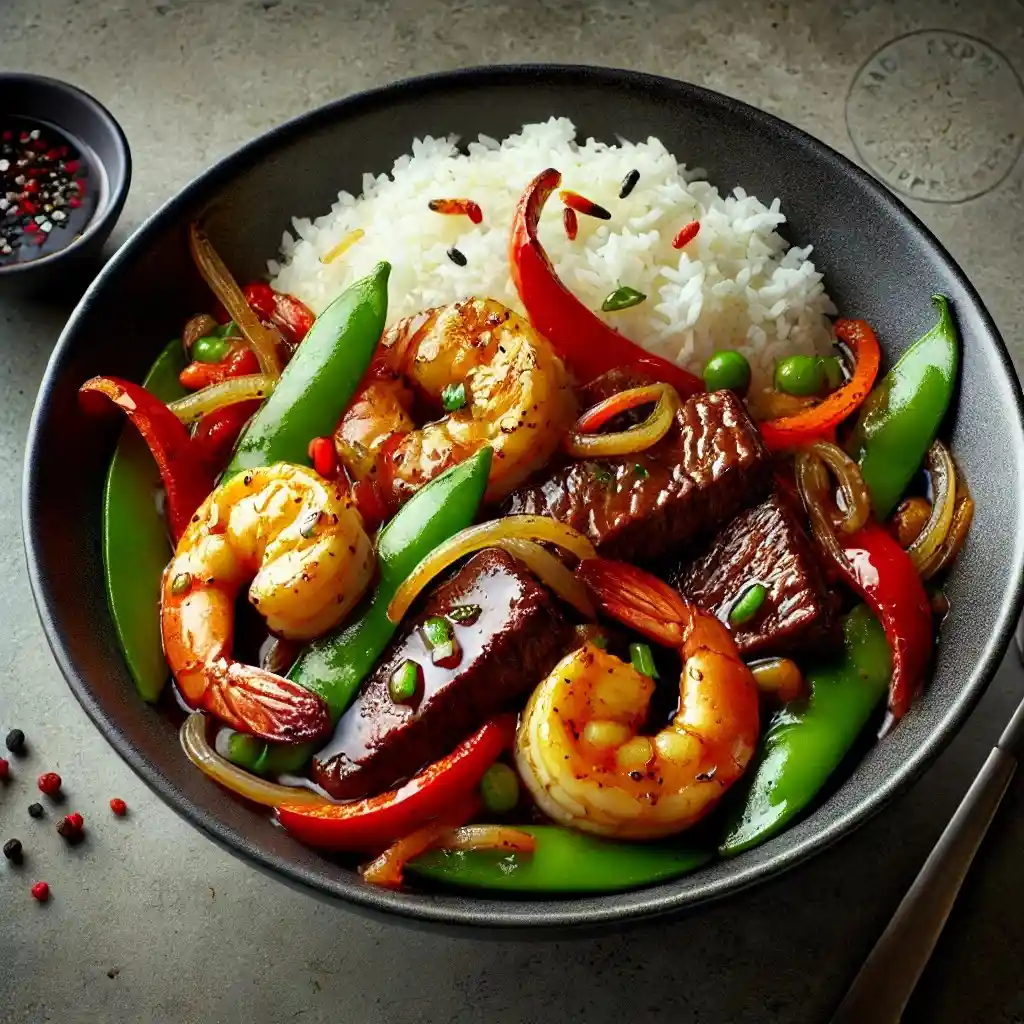 A visually appealing Panda Express Wok Seared Steak & Shrimp dish served in a black bowl 1024x1024.